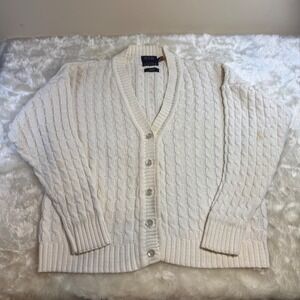 Old Glory Mens Cream Cable Knit Cardigan Sweater 100% Cotton Made in USA Large